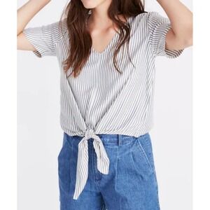 Madewell Novel Tie-Front Top in Stripe Blue Moon Alby Stripe Size XS Lightweight